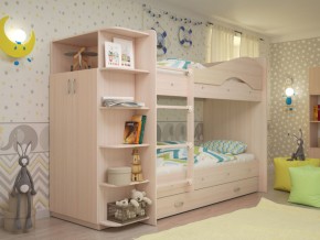 Кровать 2-х ярусная Мая с ящиками и шкафом на латофлексах млечный дуб в Верещагино - vereshchagino.magazinmebel.ru | фото