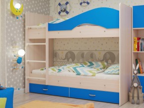 Кровать 2-х ярусная Мая с ящиками на латофлексах млечный дуб/синий в Верещагино - vereshchagino.magazinmebel.ru | фото