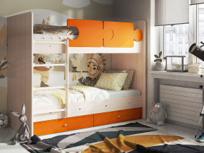 Кровать двухъярусная Тетрис латы с бортиками дуб млечный-оранжевый в Верещагино - vereshchagino.magazinmebel.ru | фото